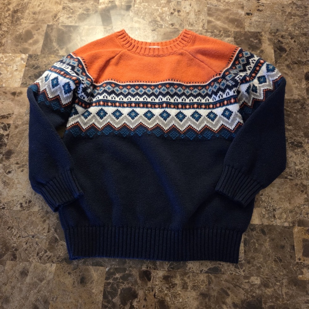 Old Navy boys sz 5T fair isle pullover sweater blue/orange 100% cotton